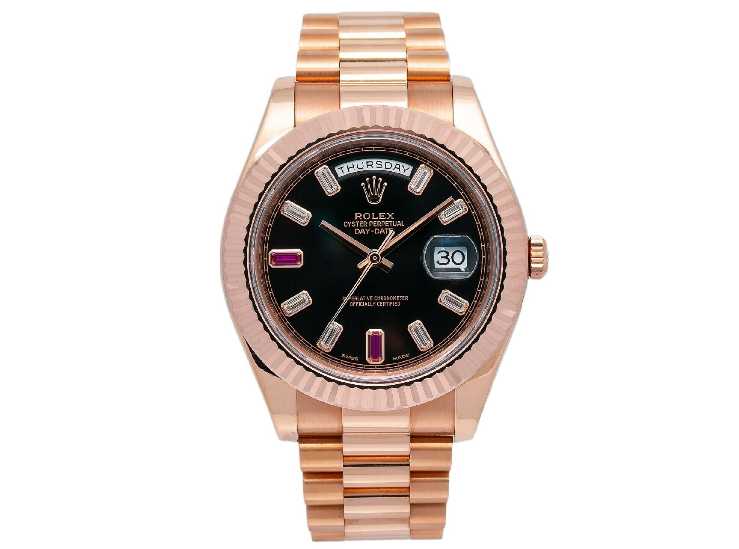 Pre-Owned-Rolex-Day-Date-II-41mm-218235-Black-Dial-with-Factory-Ruby-Diamond-Markers-18K-Rose-Gold-President-Bracelet-JD-Watches-NY.png Rolex Day-Date II 41mm 218235 – Black Dial with Factory Ruby & Diamond Markers – 18K Rose Gold President Bracelet - 图片 1