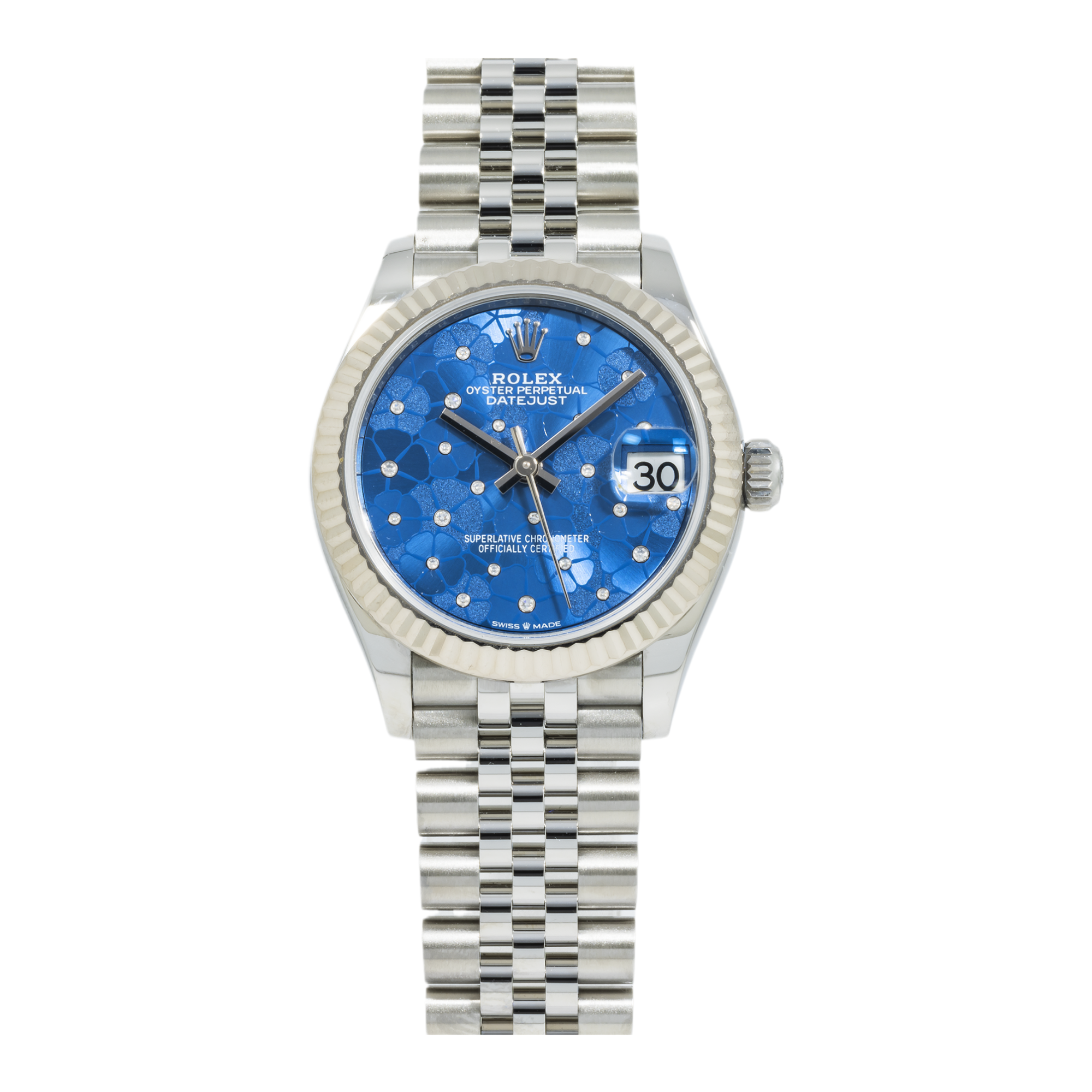 Rolex Ladies 31mm Stainless Steel & White Gold Datejust with Azzurro Blue Floral Motif Dial and Jubilee Bracelet