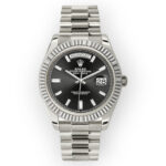 Rolex White Gold Day-Date 40 Watch Black Baguette Diamond Dial - President Bracelet